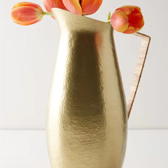 Anthropologie Hearthside Hammered Brass Tone Rattan Handle Pitcher Jug - Picture 10 of 10